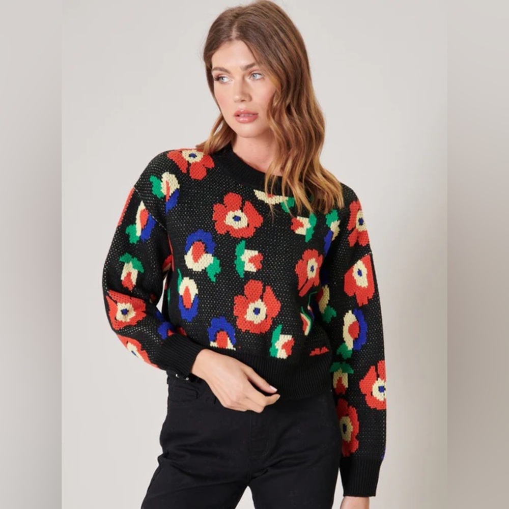 Sugar Lips Highgarden Drop Sleeve Cropped Sweater Floral EUC